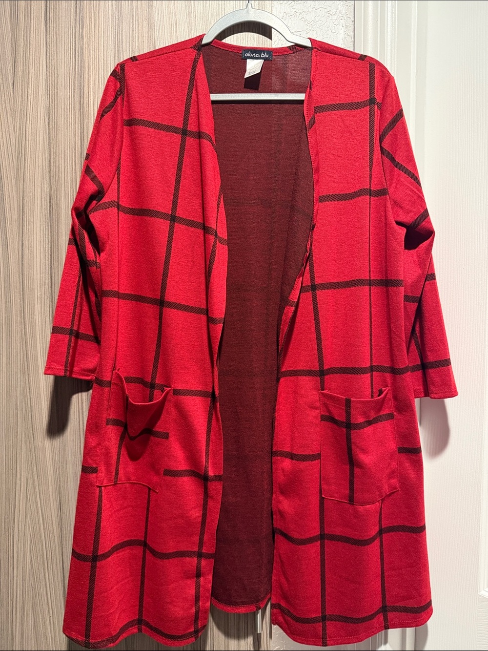 Red Windowpane Open-Front Cardigan